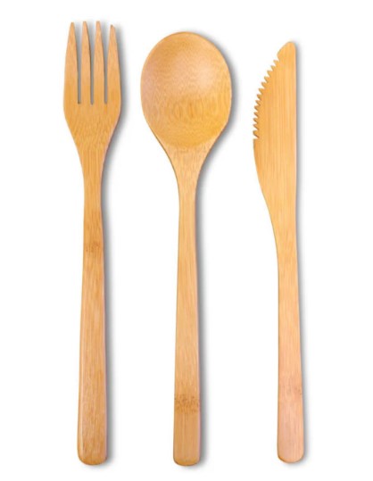 Bamboo Flatware Set, eco-friendly and durable utensils for dining, including a spoon, fork, and knife, perfect for sustainable meals.



