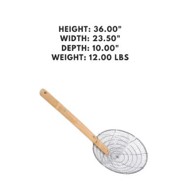 Set of 12 skimmers with 10-inch coarse mesh and bamboo handles, ideal for frying, straining, and kitchen use.