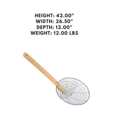 Set of 12 skimmers with 12-inch coarse mesh and bamboo handles, ideal for frying, straining, and heavy-duty kitchen use.