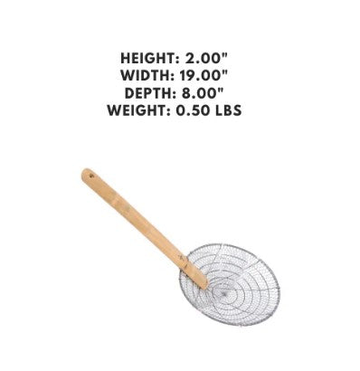 Set of 12 stainless steel skimmers with bamboo handles, 8-inch coarse mesh ideal for frying and draining foods.