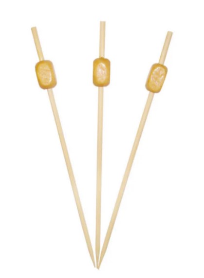 A bamboo pick with a rectangular ball at the top, offering a modern and stylish touch for appetizers or cocktails.




