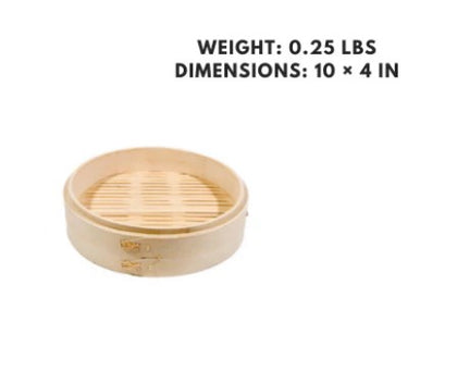 A 10-inch bamboo steamer base, providing a reliable and eco-friendly foundation for even cooking in a bamboo steamer.