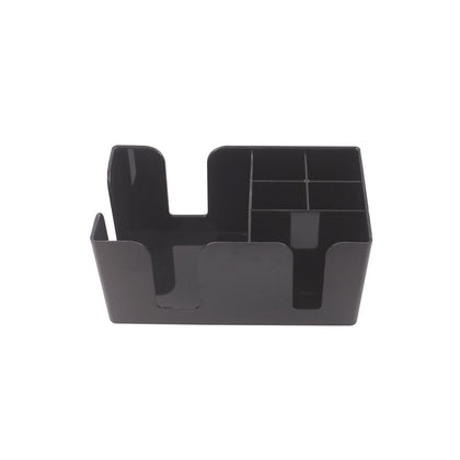 Black plastic bar caddy with 6 compartments for organizing napkins, straws, and stirrers. Durable and easy to clean. Ideal for bars, restaurants, or home use with a compact design.