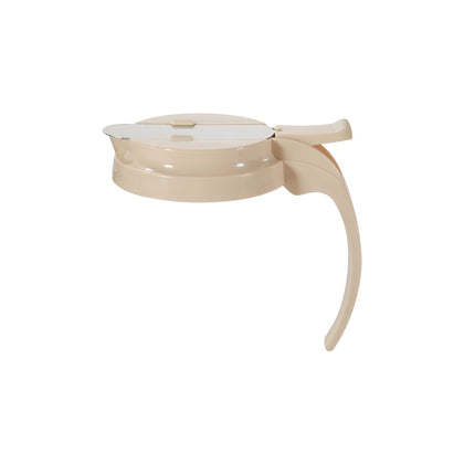 Beige poly cap with white lid for syrup dispenser, durable, chemical-resistant, lightweight, secure fit to prevent leaks. Ideal for cafes, restaurants, and syrup dispensing. Packed 144 each per case.