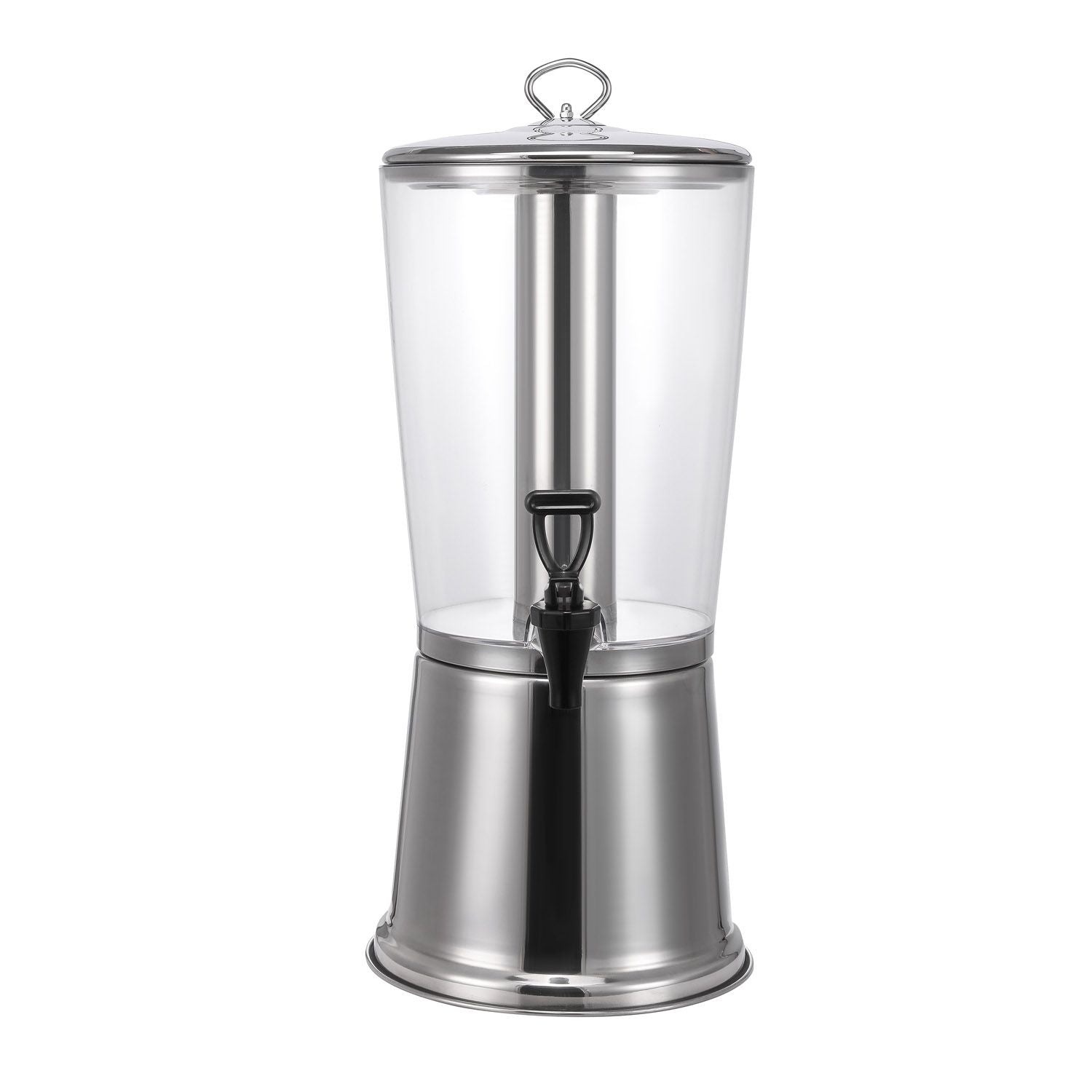 Durable 2.1-gal cold beverage dispenser with stainless steel base, clear AS body, ice core insert, and drip-free spigot for catering, buffets, hotels, and commercial drink service.