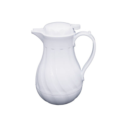 Beverage Server Swirl Insulated White 64oz with double-wall insulation, spill-free lid, and ergonomic handle. Ideal for hot or cold drinks. Case pack 6. Qty break 6 each. For foodservice use.
