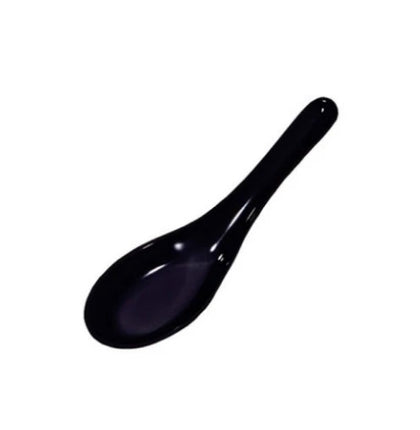 Elegant black melamine soup spoons in a dozen pack, lightweight, shatter-resistant, and easy to clean.