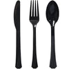 Deluxe Cutlery Combo available in Island Blue, Red, Orange, Blue, Purple, Black, Hot Pink, and Lime Green. Durable disposable utensils perfect for parties, weddings, picnics, or themed events.