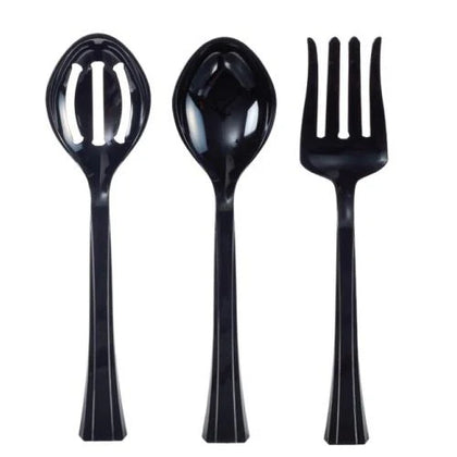 Utensils Serving Set – Includes a spoon, fork, and slotted spoon. Available in Clear, Pearl, and Black. Durable, reusable, and perfect for serving salads, appetizers, and main courses.