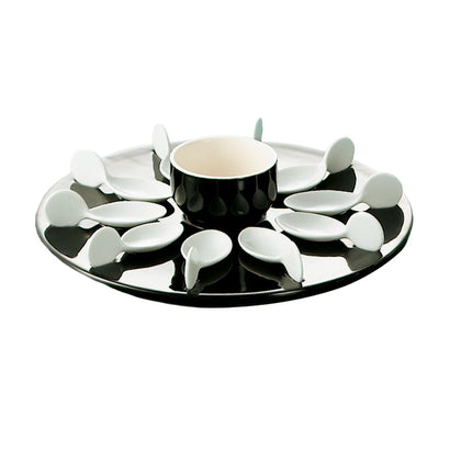 Black/White 7oz bowl, 10 tasting spoons & round black tray set for appetizers, tastings, dips. Stylish design for elegant presentations at parties, events, or dinners.