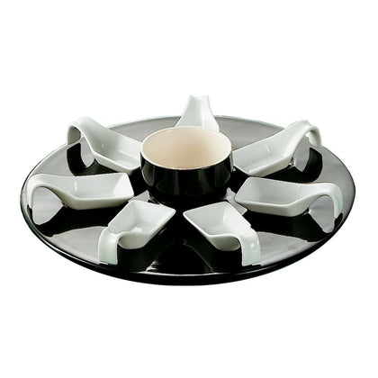 Black and white 7oz bowl, 7 square spoons (0.5oz each), and round black tray set for elegant appetizers, tastings, and sauces. Ideal for formal events, parties, and upscale entertaining.
