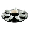 Black and white 7oz bowl, 7 square spoons (0.5oz each), and round black tray set for elegant appetizers, tastings, and sauces. Ideal for formal events, parties, and upscale entertaining.
