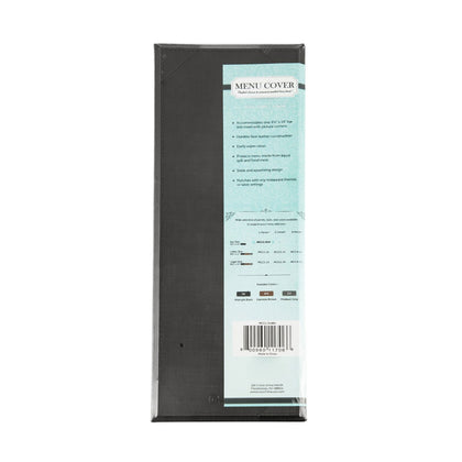 Black faux leather 1-panel menu cover fits 4.5 x 14 inch sheets, with clear insert, stitched seams, and reinforced edges; great for drink menus; packed by 50 each per case for restaurants and bars