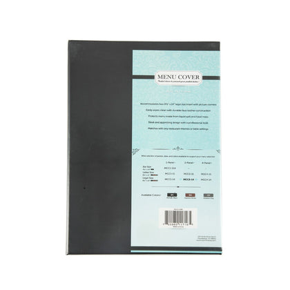 Black faux leather 2-panel menu cover fits two 8.5 x 14 inch sheets with clear inserts, stitched seams, and reinforced edges; perfect for restaurants; packed by 30 each per case