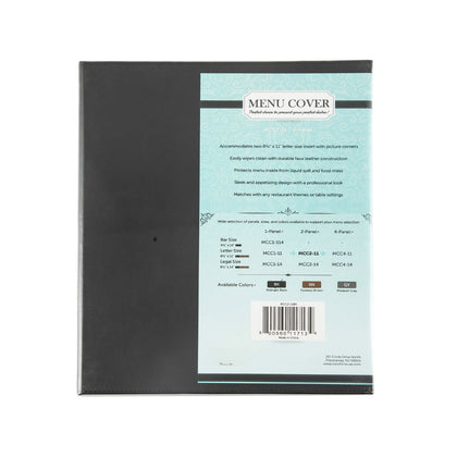 Black faux leather 2‑panel menu cover fits two 8.5 x 11 inch sheets, with stitched seams, clear inserts, and reinforced edges; packed by 30 each per case for restaurants, cafés, and hotels