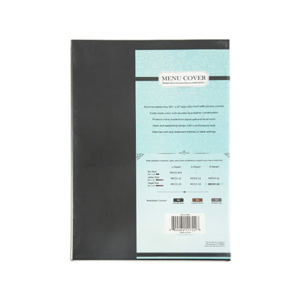 Black faux leather 4-panel menu cover fits four 8.5 x 14 inch sheets with stitched seams, clear inserts, and reinforced edges; ideal for restaurants; packed by 30 each per case for bulk menus