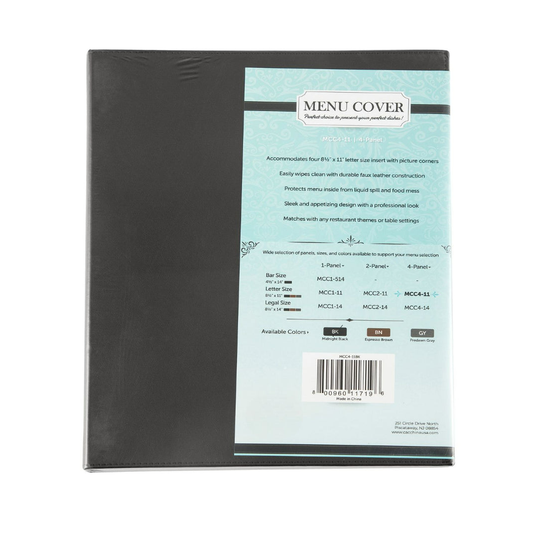 Black faux leather 4-panel menu cover holds four 8.5 x 11 inch sheets with clear inserts, stitched seams, and reinforced edges; ideal for restaurants; packed by 30 each per case for bulk display