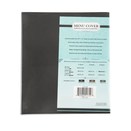 Black faux leather 4-panel menu cover holds four 8.5 x 11 inch sheets with clear inserts, stitched seams, and reinforced edges; ideal for restaurants; packed by 30 each per case for bulk display