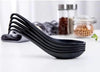 Durable black soup spoon with hook handle, ideal for soups, broths, and effortless hanging storage.