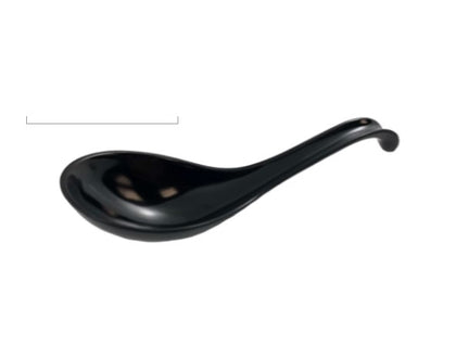 Black soup spoon with hook handle, perfect for easy storage and stylish dining.