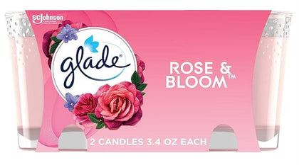 Glade Candle Rose & Bloom, 3.4 oz scented candle in glass jar with soft floral fragrance for a fresh and inviting home ambiance.