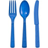 Disposable combo cutlery sets in pink, red, light blue, hot pink, silver, gold, blue, and black. Includes forks, knives, and spoons. Durable and stylish for weddings, parties, and hassle-free cleanup.