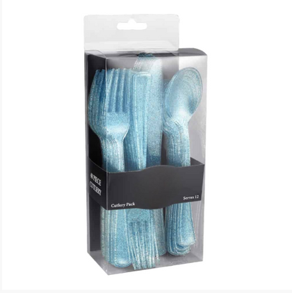 Blue Glitter Combo Cutlery Box featuring forks, knives, and spoons. Stylish, BPA-free, and durable disposable flatware for weddings, parties, and upscale celebrations.