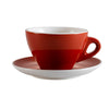 Red 11oz ceramic cup & saucer set. Includes a 4.5
