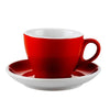 Red porcelain cup & saucer set 7.5oz, bold & durable. Perfect for coffee, tea, or espresso. Microwave & dishwasher safe. Ideal for home, café, or restaurant use. Stylish and vibrant design.
