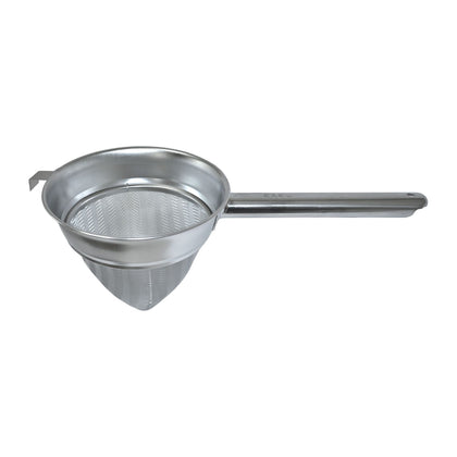 8-inch stainless steel bouillon chinois strainer with fine mesh cone, durable frame, rust-resistant and easy to clean; packed 12 each per case for commercial kitchen food prep and straining.