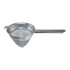 8-inch stainless steel bouillon chinois strainer with fine mesh cone, durable frame, rust-resistant and easy to clean; packed 12 each per case for commercial kitchen food prep and straining.