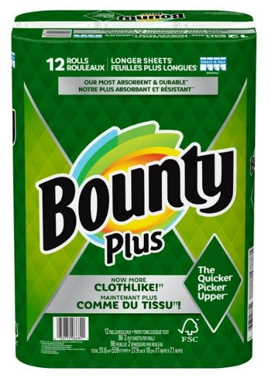Bounty Plus Paper Towels, 12 rolls x 86 sheets, strong and absorbent, ideal for kitchens, offices, and everyday cleanups.