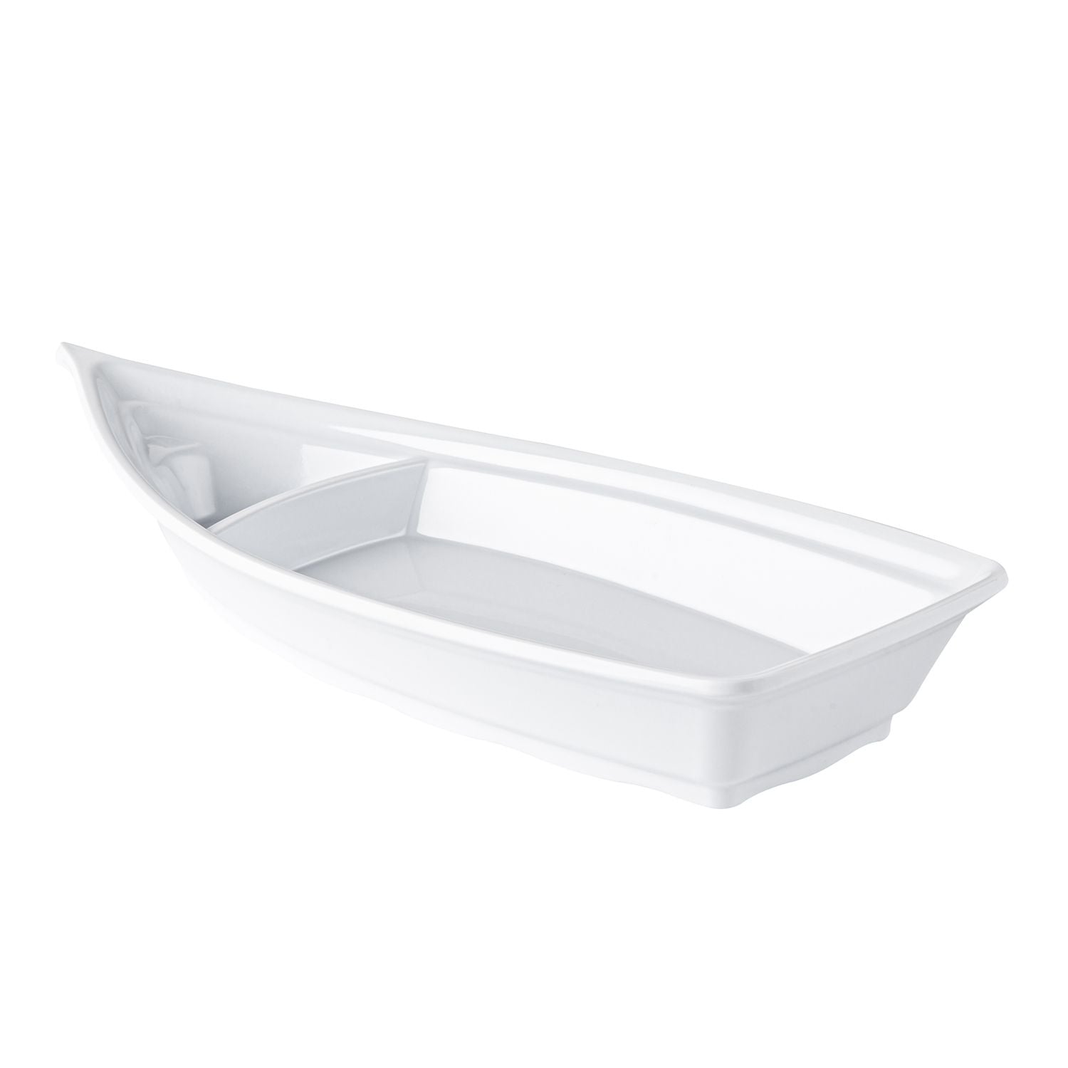 Boat-shaped white bowl with triangular compartment, 13 inches, 12.5oz main and 1oz side, durable design ideal for restaurants, catering, and stylish food presentation.