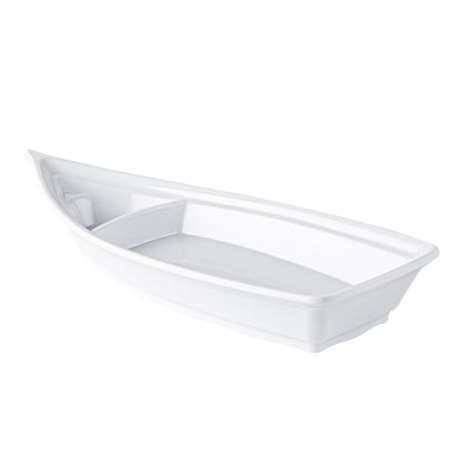 Boat-shaped white bowl with triangular compartment, 13 inches, 12.5oz main and 1oz side, durable design ideal for restaurants, catering, and stylish food presentation.