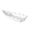 Boat-shaped white bowl with triangular compartment, 13 inches, 12.5oz main and 1oz side, durable design ideal for restaurants, catering, and stylish food presentation.