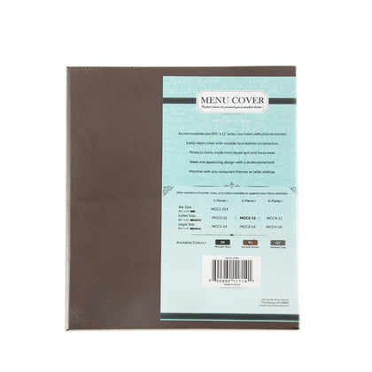 Brown faux leather 2-panel menu cover fits two 8.5 x 11 inch sheets, with clear inserts, stitched seams, and reinforced edges; ideal for restaurants and cafés; packed by 30 each per case