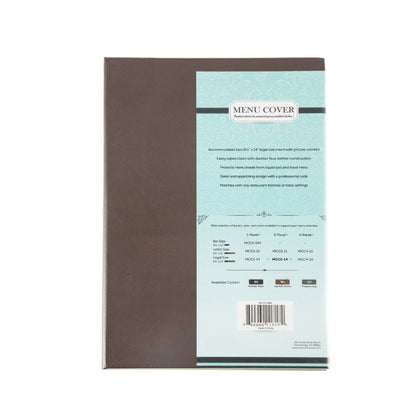 Brown faux leather 2-panel menu cover fits two 8.5 x 14 inch sheets with clear inserts, stitched seams, and reinforced edges; ideal for restaurants and cafés; packed by 30 each per case