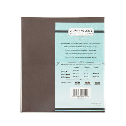 Brown faux leather 4-panel menu cover fits four 8.5 x 11 inch sheets with clear inserts, stitched seams, and reinforced edges; ideal for restaurants; packed by 30 each per case for bulk use