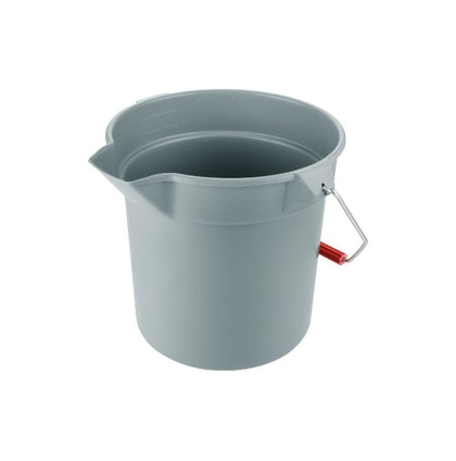Gray round 10QT poly bucket with sturdy handle, durable plastic body, easy pouring design, ideal for home, janitorial, garage, and commercial cleaning use.