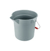 Gray round 10QT poly bucket with sturdy handle, durable plastic body, easy pouring design, ideal for home, janitorial, garage, and commercial cleaning use.