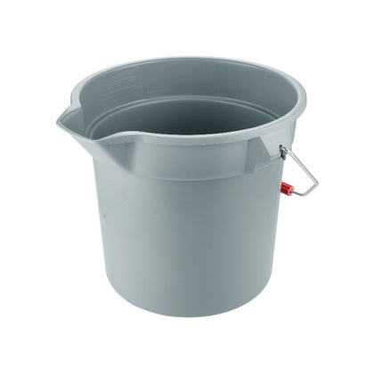 Gray round 14QT poly bucket with sturdy handle and durable plastic body, ideal for mopping, rinsing, and high-volume cleaning tasks in home, janitorial, or commercial environments.