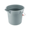 Gray round 14QT poly bucket with sturdy handle and durable plastic body, ideal for mopping, rinsing, and high-volume cleaning tasks in home, janitorial, or commercial environments.