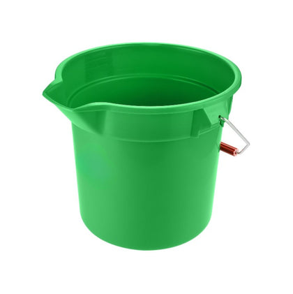 Green round 14QT poly bucket with sturdy handle and durable plastic construction, perfect for mopping, rinsing, and utility tasks in home, janitorial, or commercial cleaning operations.