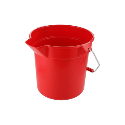 Red 10QT round poly bucket with sturdy handle, durable plastic body, color-coded design, ideal for mopping, rinsing, and general cleaning in homes or commercial environments.