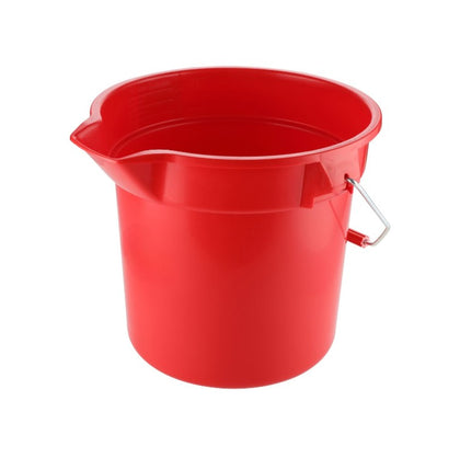 Red round 14QT poly bucket with sturdy handle, durable and crack-resistant plastic body, perfect for mopping, rinsing, and cleaning in home, janitorial, or commercial environments.