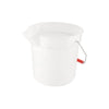 White round 10QT poly bucket with sturdy handle, durable plastic body, crack-resistant design, ideal for mopping, rinsing, and cleaning in home, janitorial, or commercial settings.