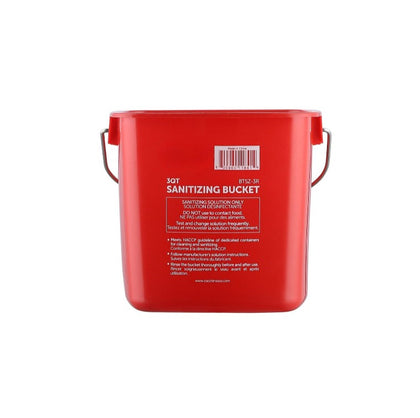 Red 3QT sanitizing bucket with handle and measurement markings, durable plastic construction, ideal for restaurant, kitchen, or commercial cleaning with color-coded safety compliance.