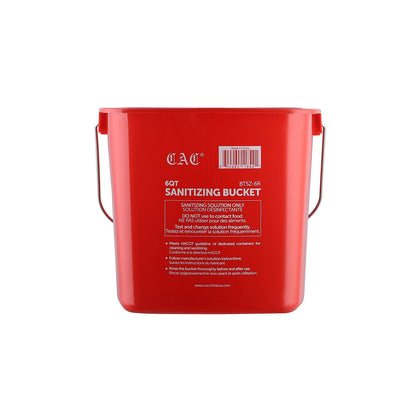 Red 6QT sanitizing bucket with durable plastic body, wire handle, and measurement markings, ideal for restaurant, kitchen, or commercial sanitation with color-coded cleaning systems.