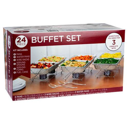 Buffet Party Pack Ethanol 24pc set with clean, odorless ethanol burners, perfect for catering and large events. Durable and reliable heating solution for buffets, parties, weddings, and corporate gatherings.