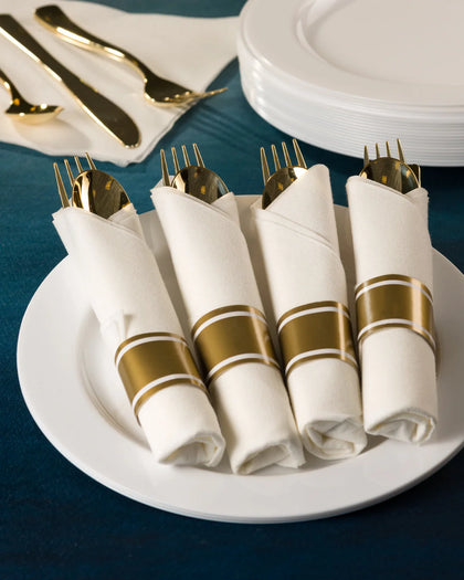 Bulk Gold Pre-Rolled Napkin & Cutlery set. Elegant disposable tableware perfect for weddings, parties, and events. Includes pre-rolled napkins and gold cutlery for convenience and style.